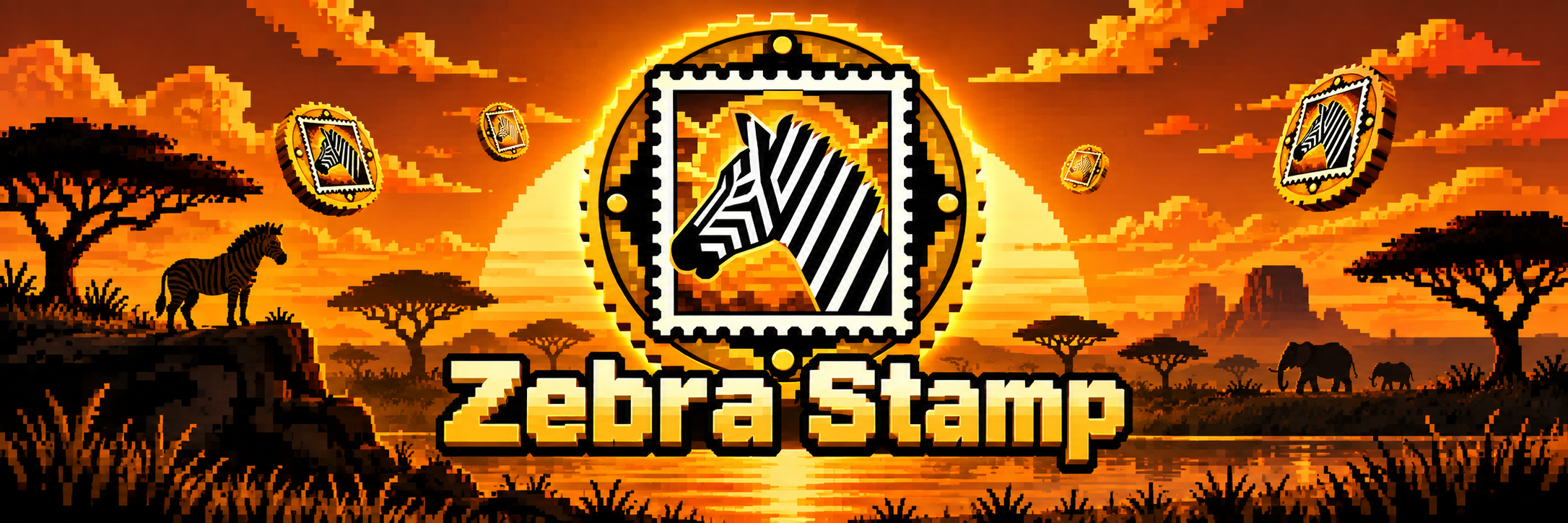 Zebra Stamp savanna sunset banner with stamp emblem