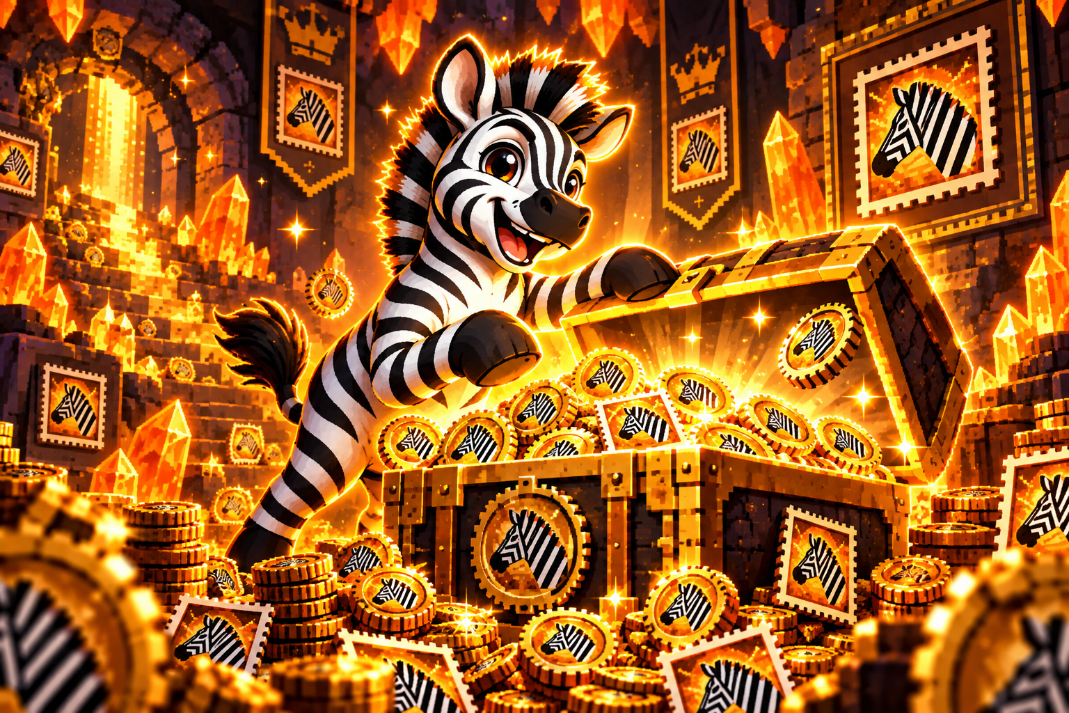 Zebra delivering stamps across the sunset savanna