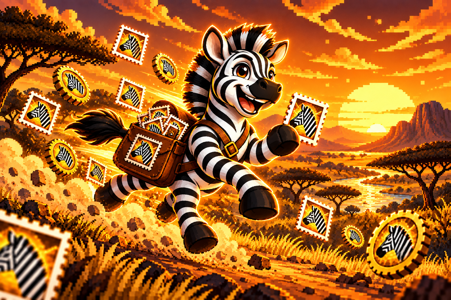 Zebra celebrating beside an overflowing treasure chest of stamps