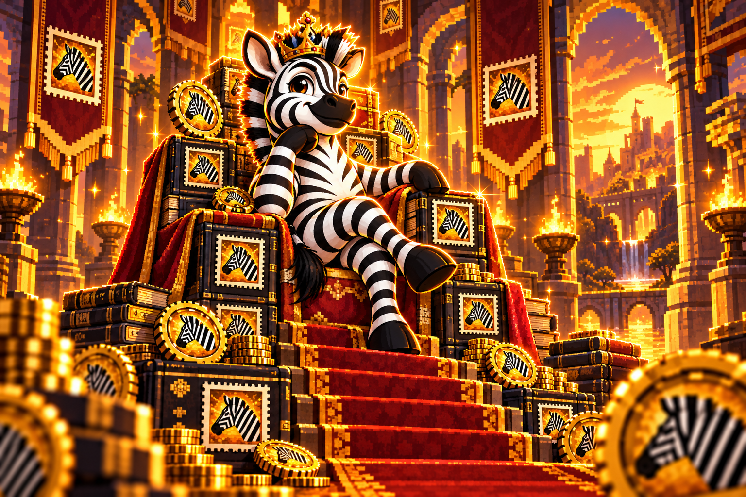 Zebra dancing at a night party with fireworks and stamp coins
