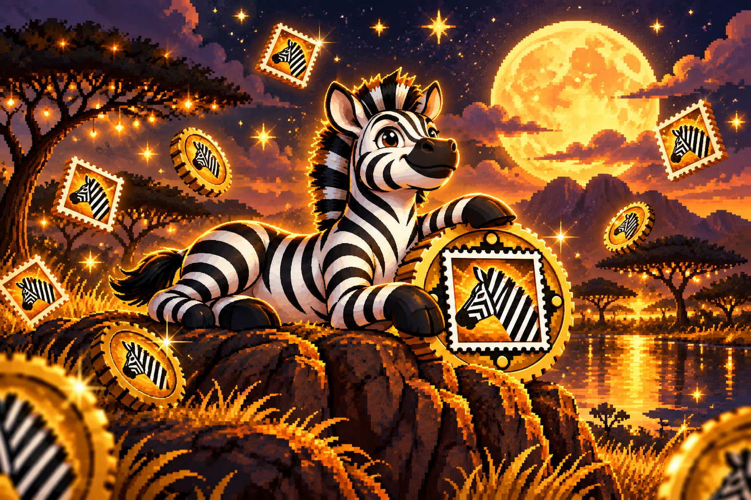 Zebra resting by stamp coins under a glowing moon
