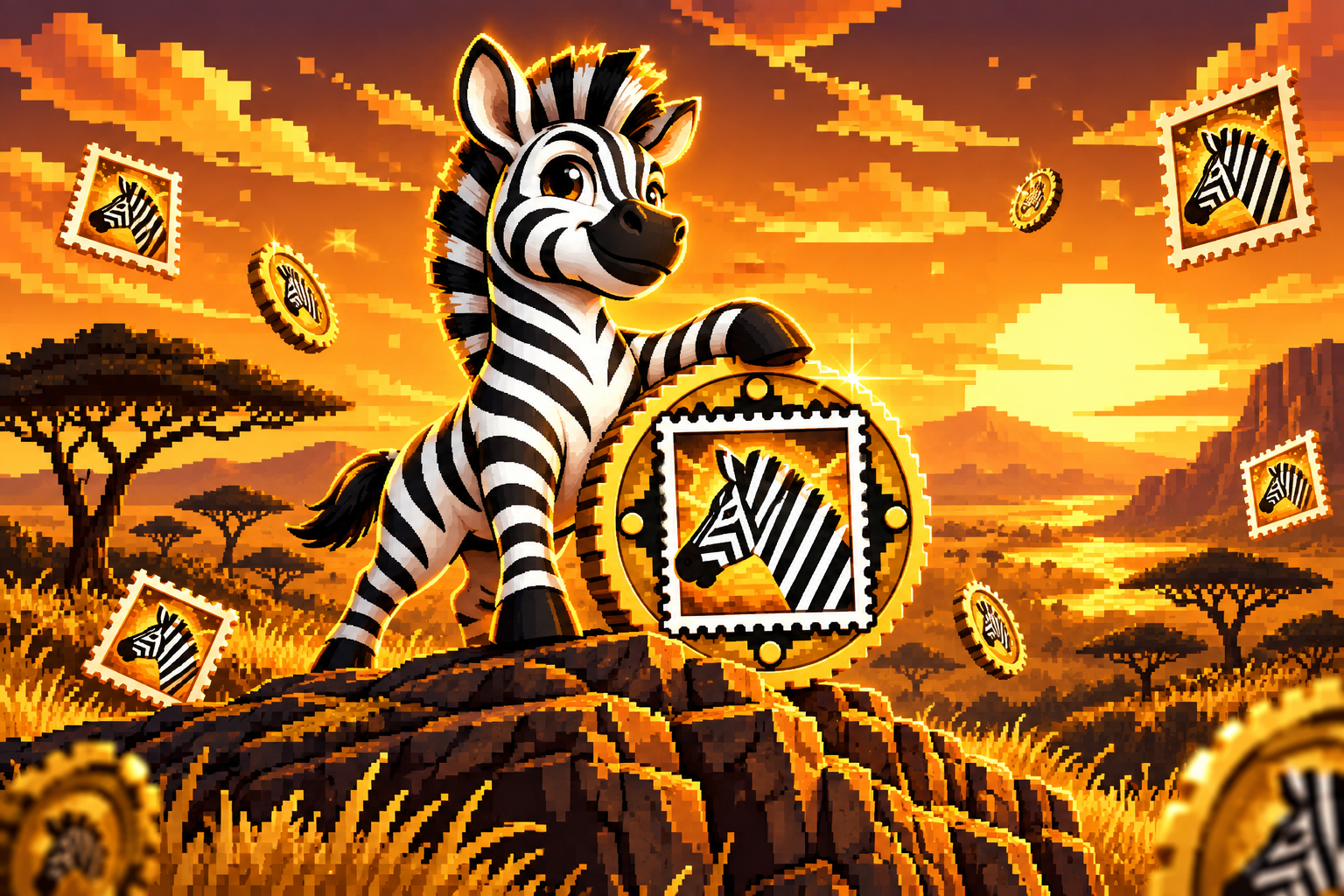 Zebra leaping through a golden castle of stamp blocks