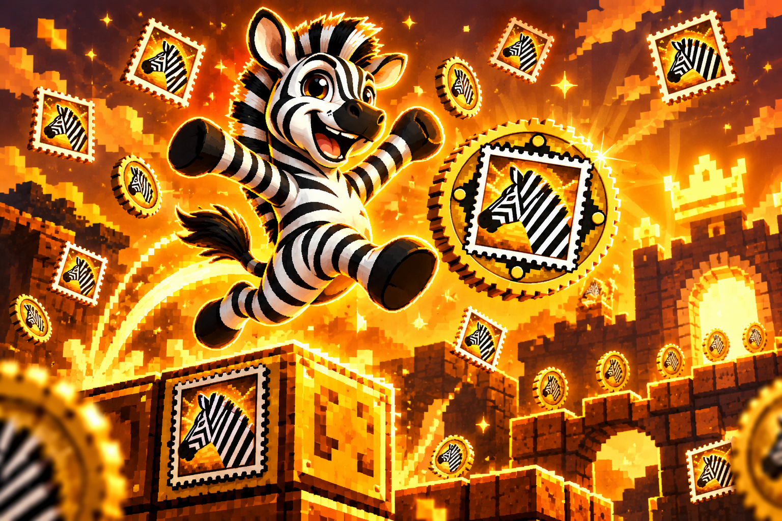 Zebra on a rocky outcrop with floating stamp coins