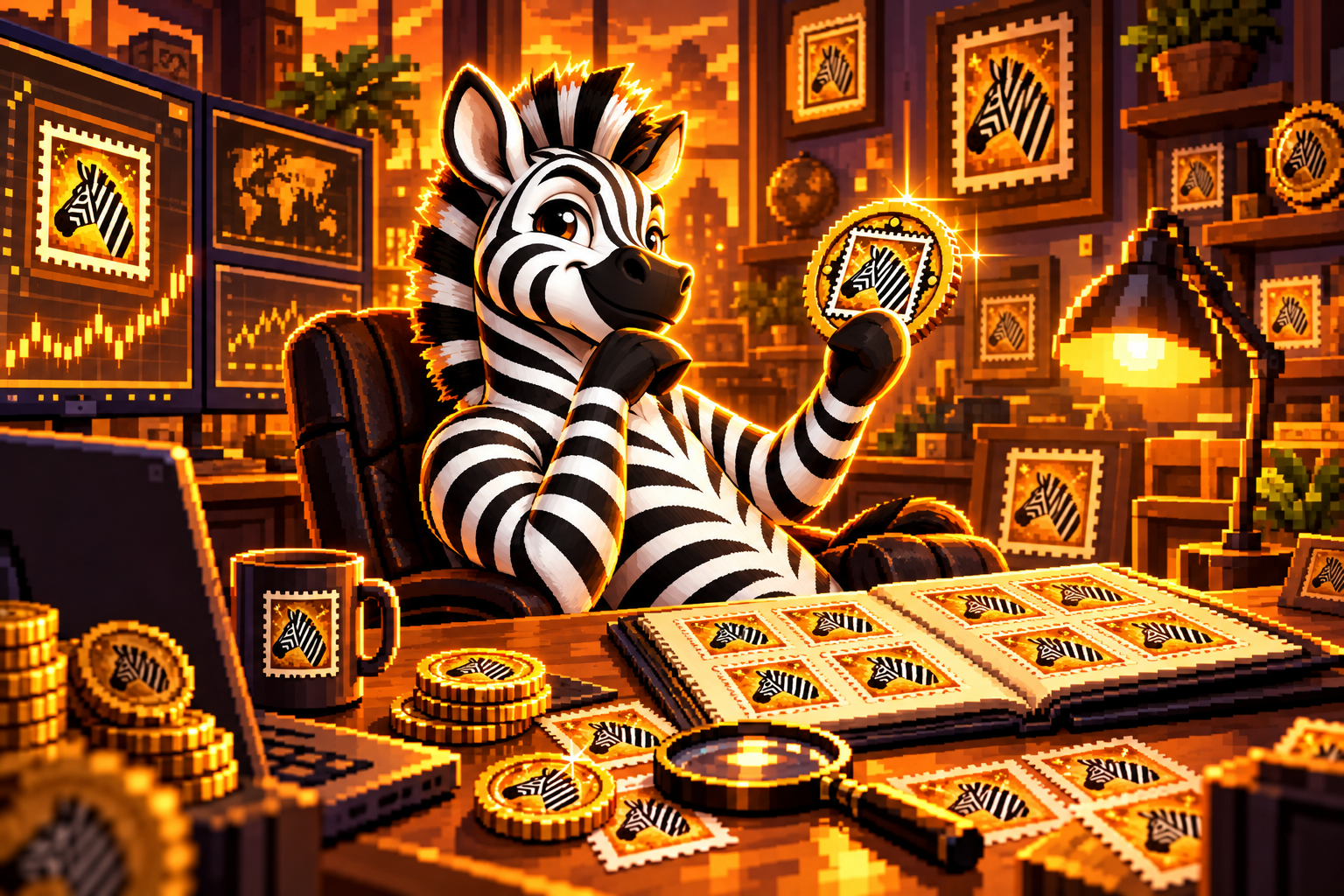 Zebra at a trading desk with stamp album and gold coins